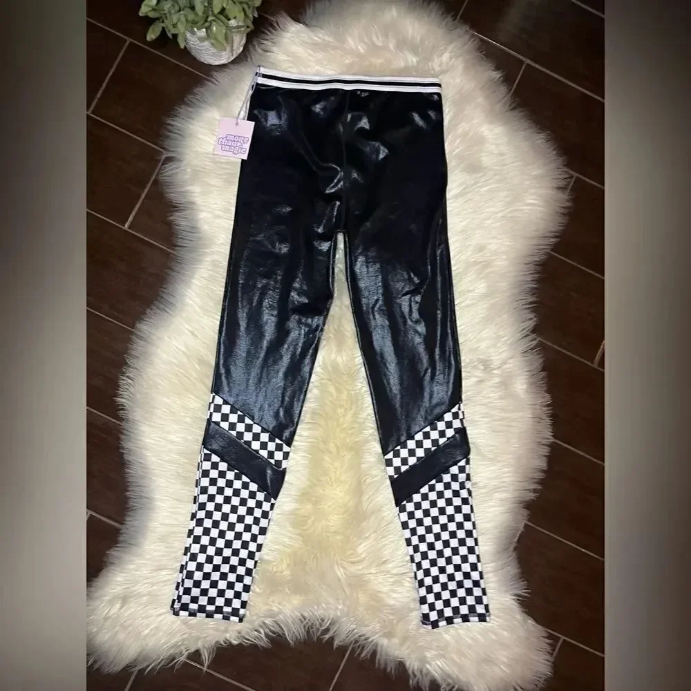 More than Magic Black Shimmer Checkerboard Stretch Leggings sx XL